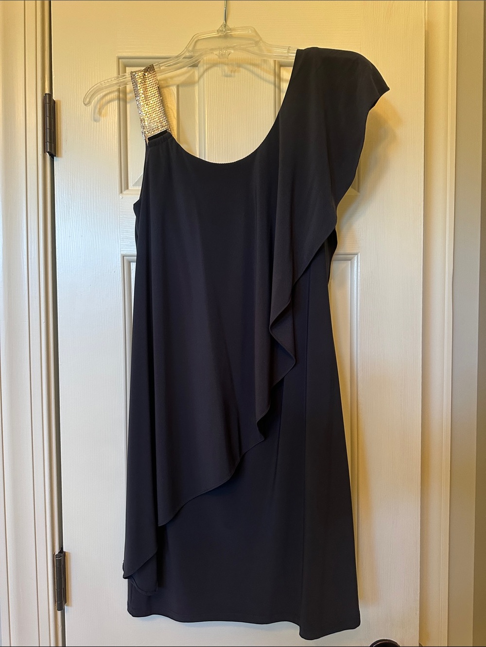 One-Shoulder Navy Cocktail Dress with Silver Metallic Strap